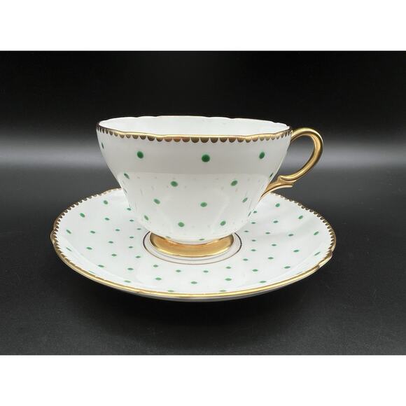SHELLEY Bone China Green Polka Dot & Gold Teacup & Saucer Pattern 13497 Vintage - Picture 1 of 13